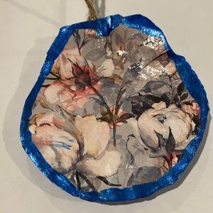 Handcrafted Shell Ornament Blue Floral Metallic Decoupage